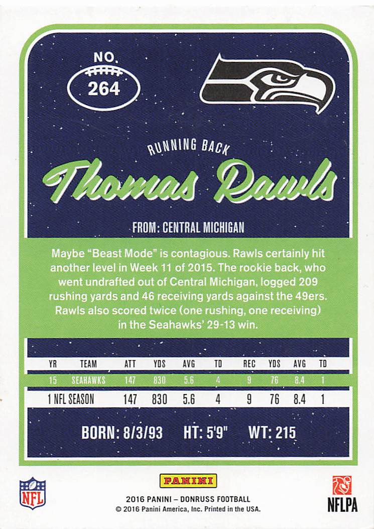 2016 Donruss Seattle Seahawks Football Thomas Rawls #264