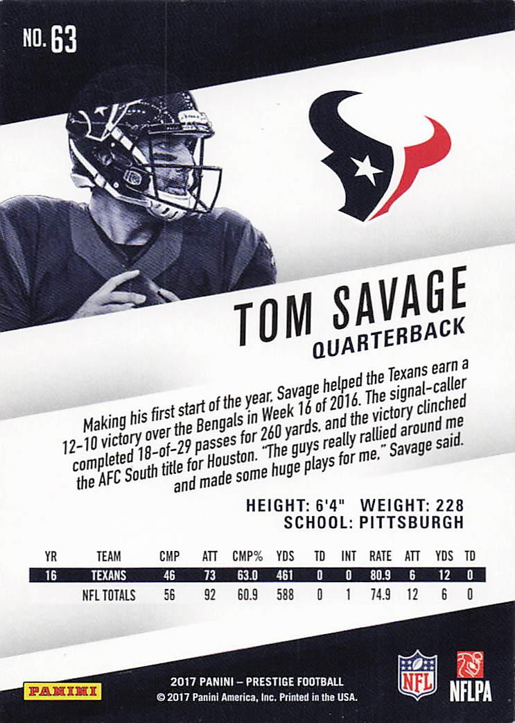 2017 Panini Prestige Football Tom Savage #63