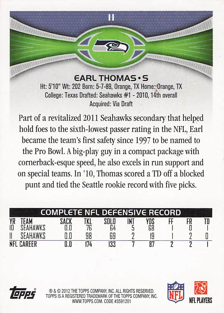 2012 Topps Football Earl Thomas #11