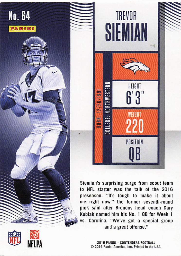 2016 Panini Contenders Football Trevor Siemian #64