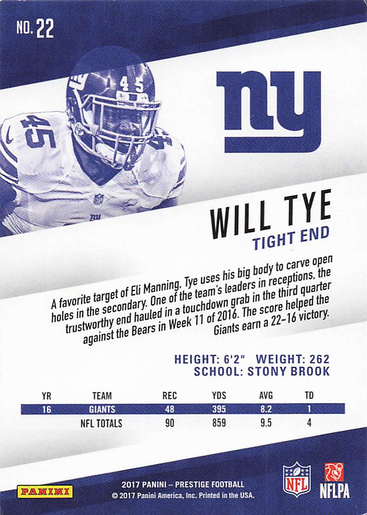2017 Panini Prestige Football Will Tye #22