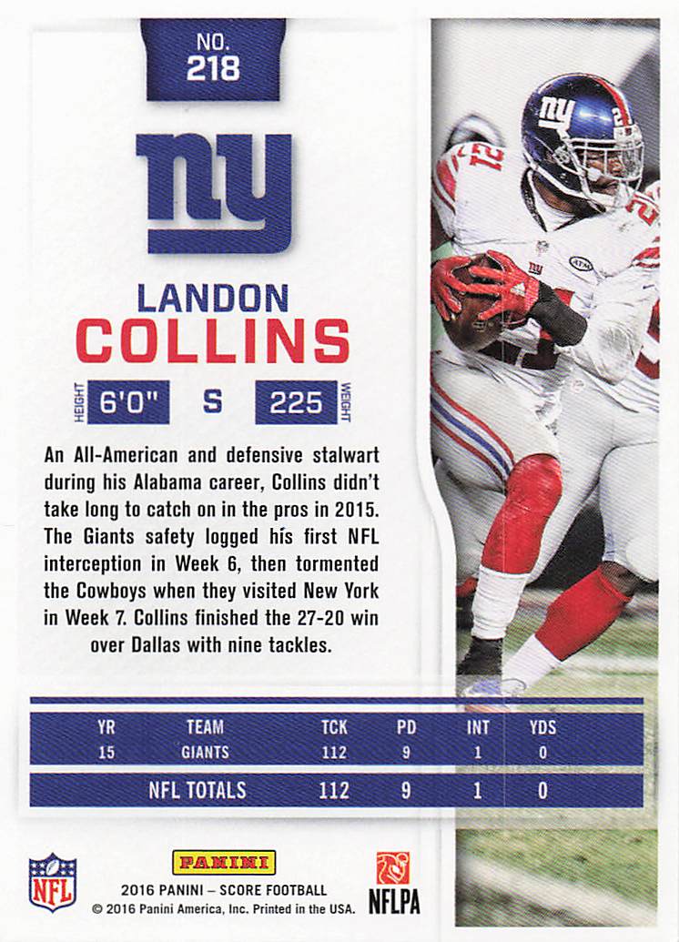 2016 Score Football Scorecard Landon Collins #218