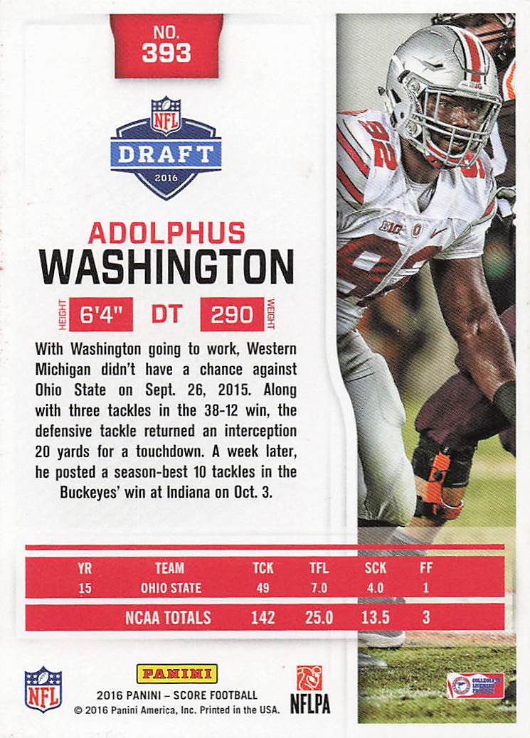 2016 Score Football Adolphus Washington #393 Rookie