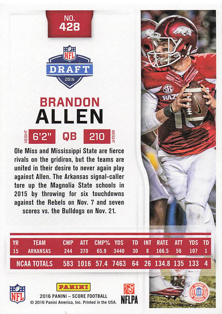 2016 Score Football Scorecard Brandon Allen #428 Rookie