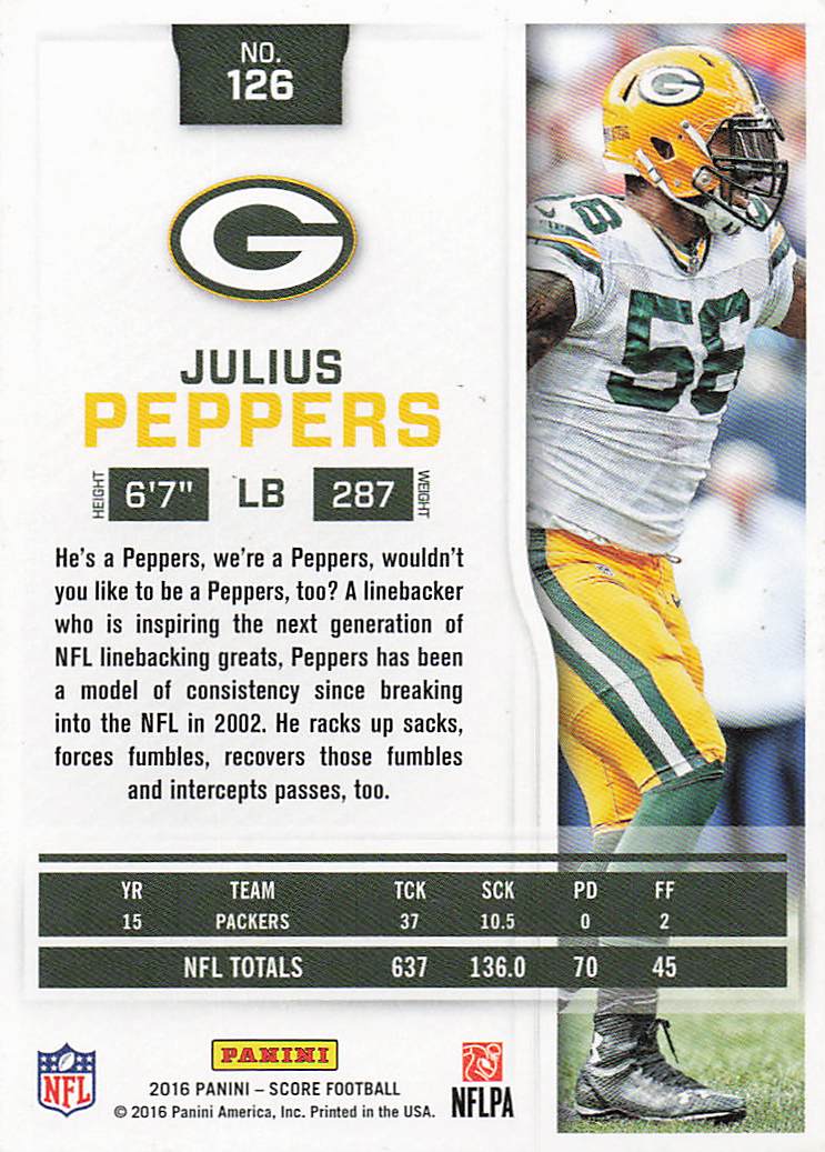 2016 Score Football Scorecard Julius Peppers #126