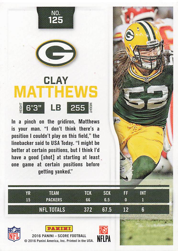 2016 Score Football Clay Matthews #125