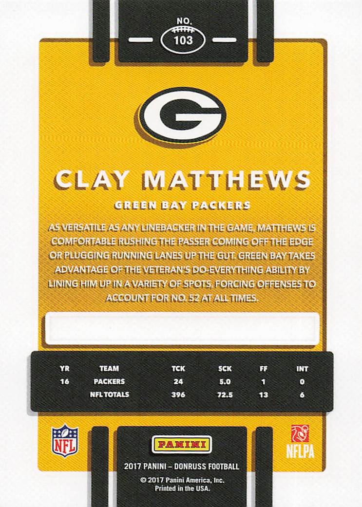 2017 Donruss Football Press Proof Blue Clay Matthews #103