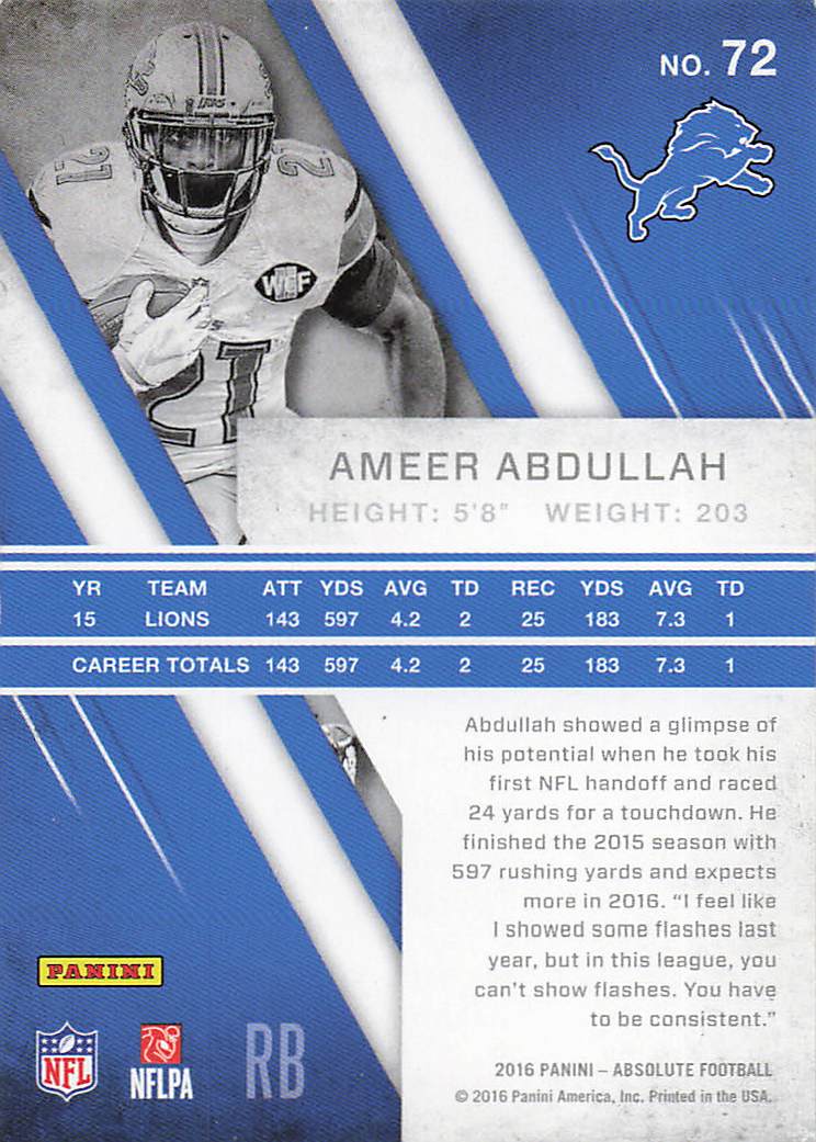 2016 Panini Absolute Football Ameer Abdullah #72