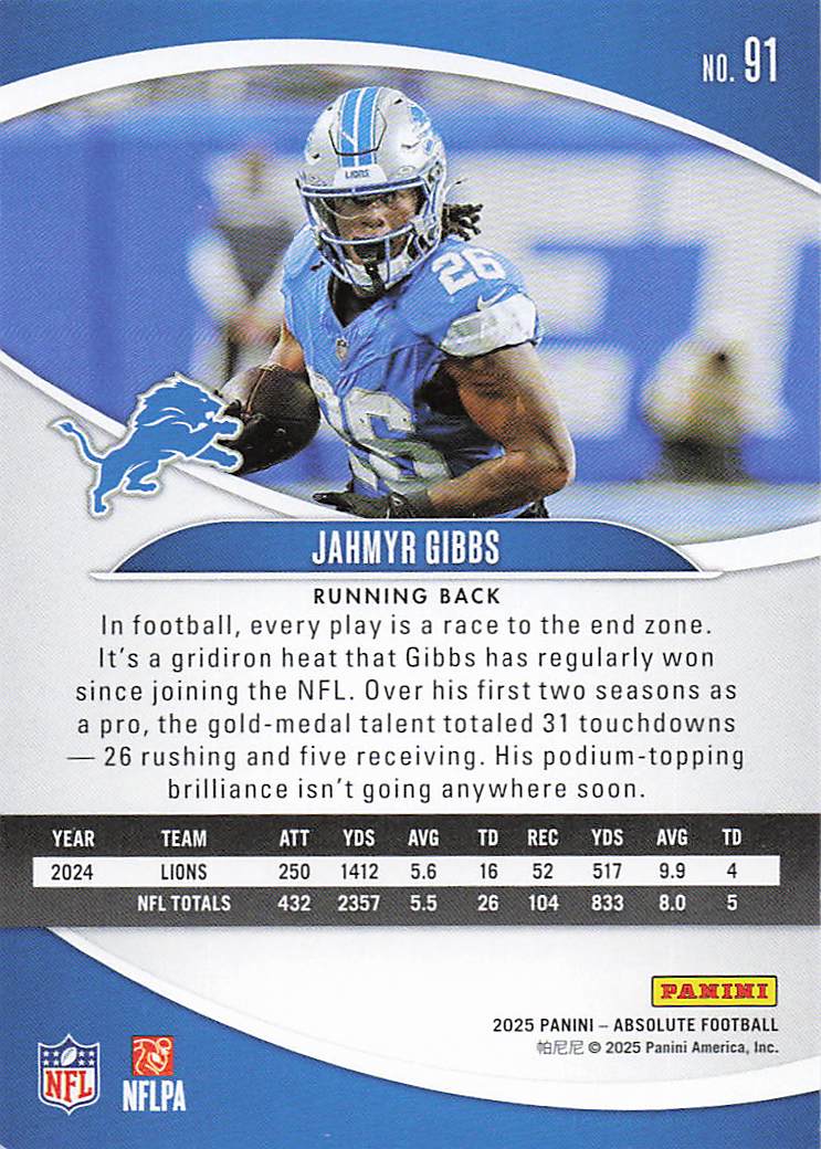 2025 Panini Absolute Football Retail Jahmyr Gibbs #91