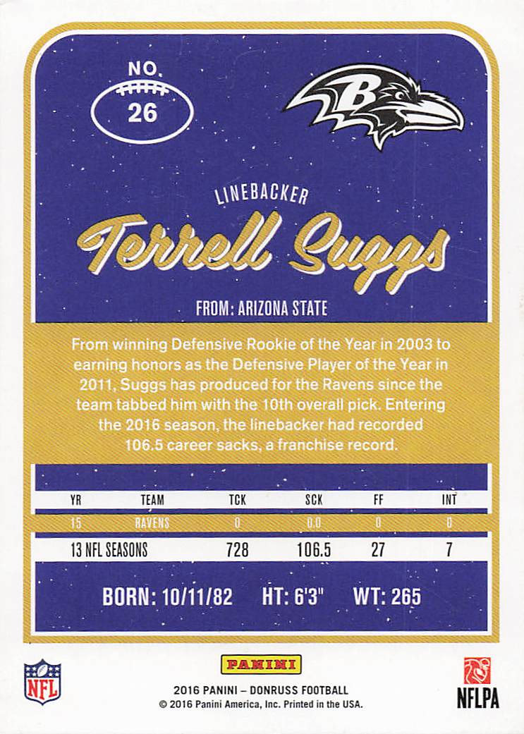 2016 Donruss Football Press Proofs Blue Terrell Suggs #26