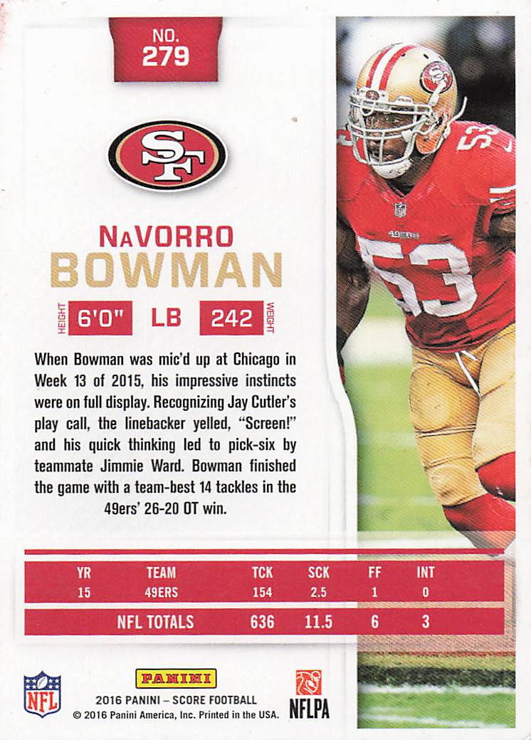 2016 Score Football NaVorro Bowman #279