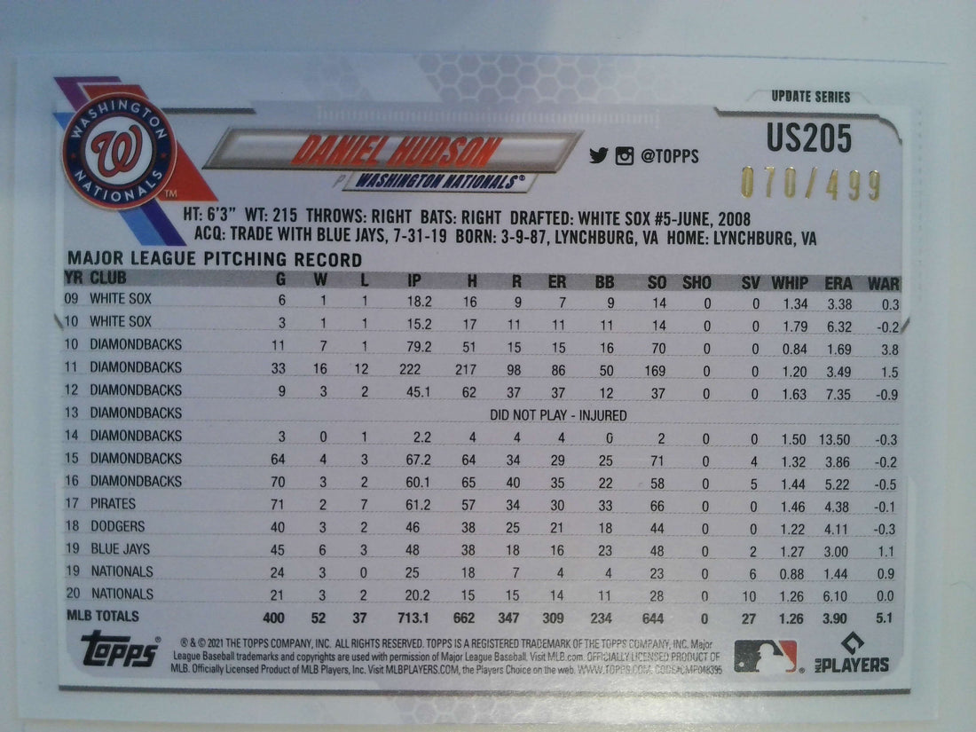 2021 Topps Update Baseball Green Foilboard 070/499 Daniel Hudson #US205