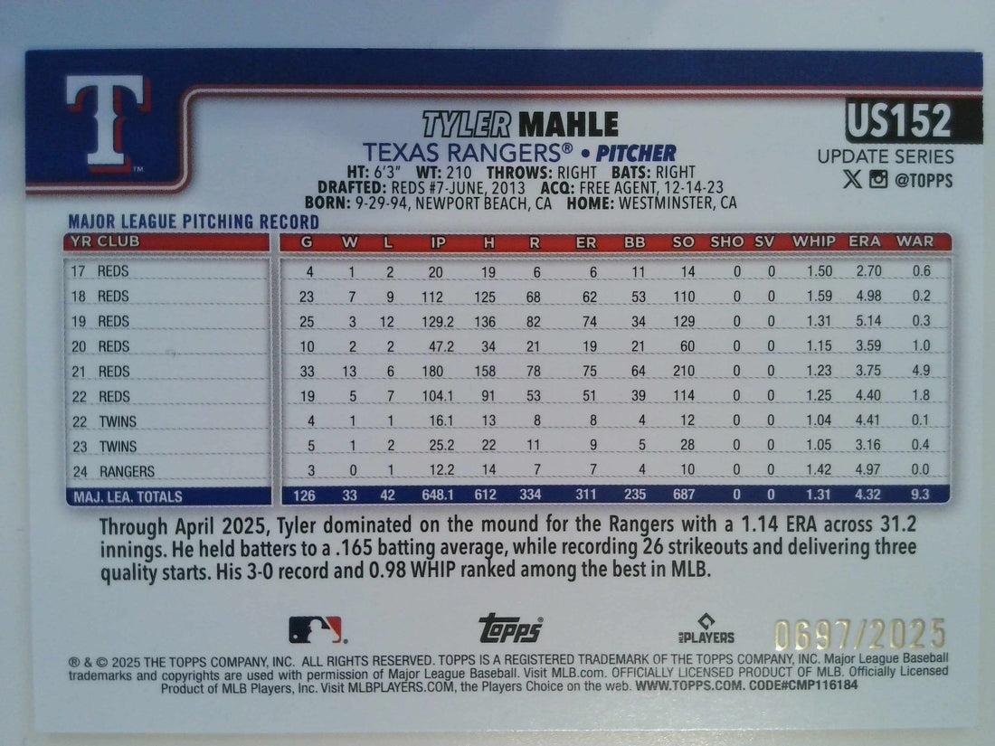 2025 Topps Update Baseball Gold 0697/2025 Tyler Mahle #US152