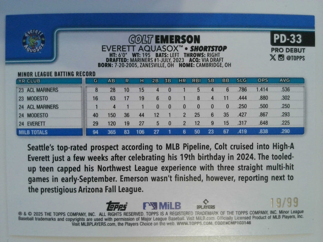 2025 Topps Pro Debut Baseball Green Foil 19/99 Colt Emerson #PD-33