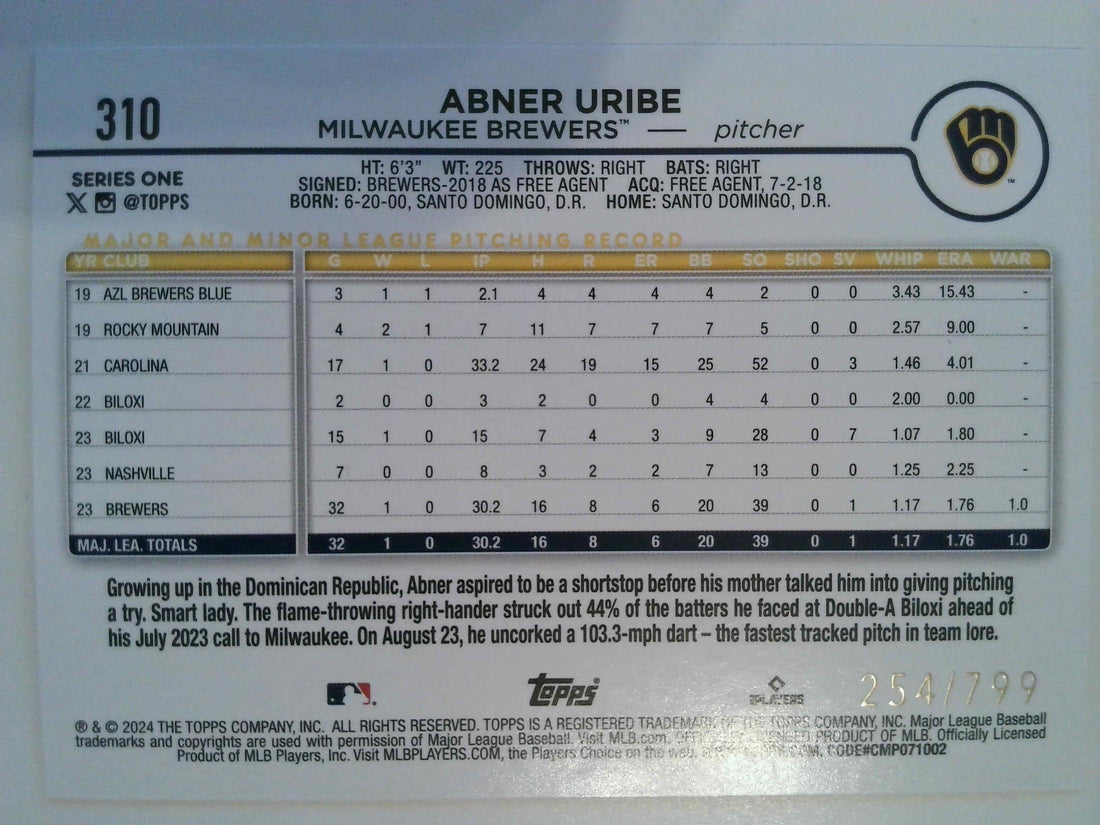 2024 Topps Baseball Purple Holofoil 254/799 Abner Uribe #310