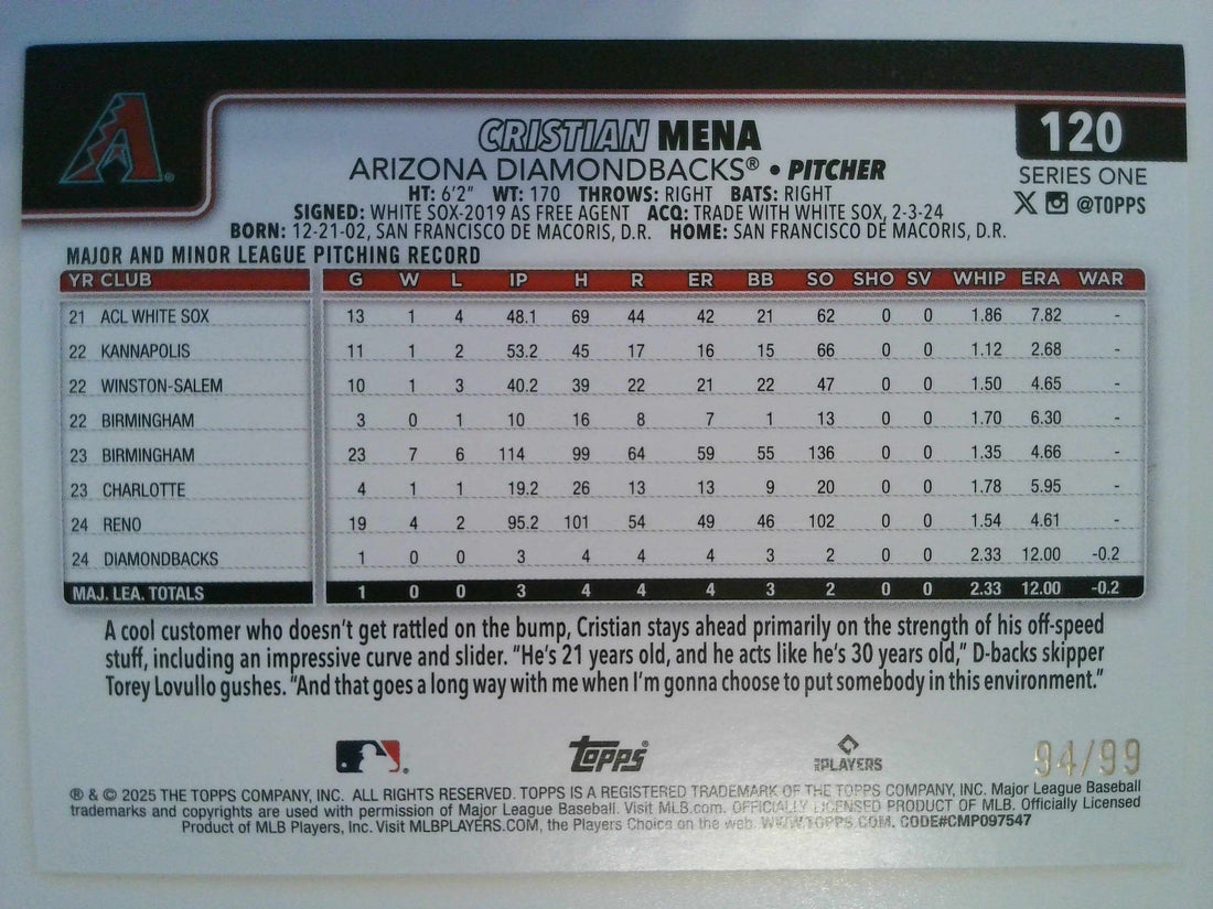 2025 Topps Baseball Green Rainbow Foil 94/99 Cristian Mena #120