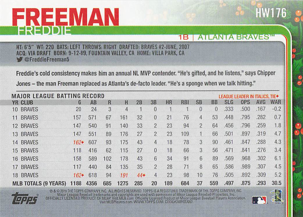 2019 Topps Holiday Baseball Freddie Freeman #HW176