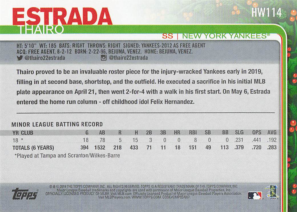 2019 Topps Holiday Baseball Thairo Estrada #HW114 Rookie
