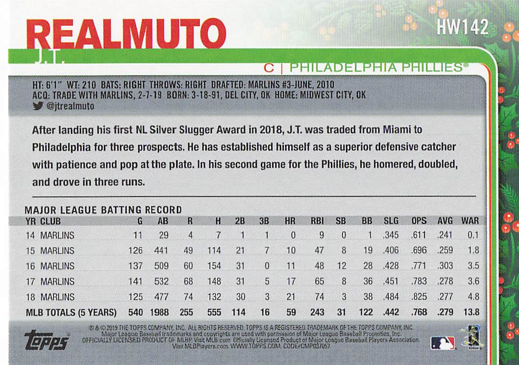 2019 Topps Holiday Baseball J.T. Realmuto #HW142