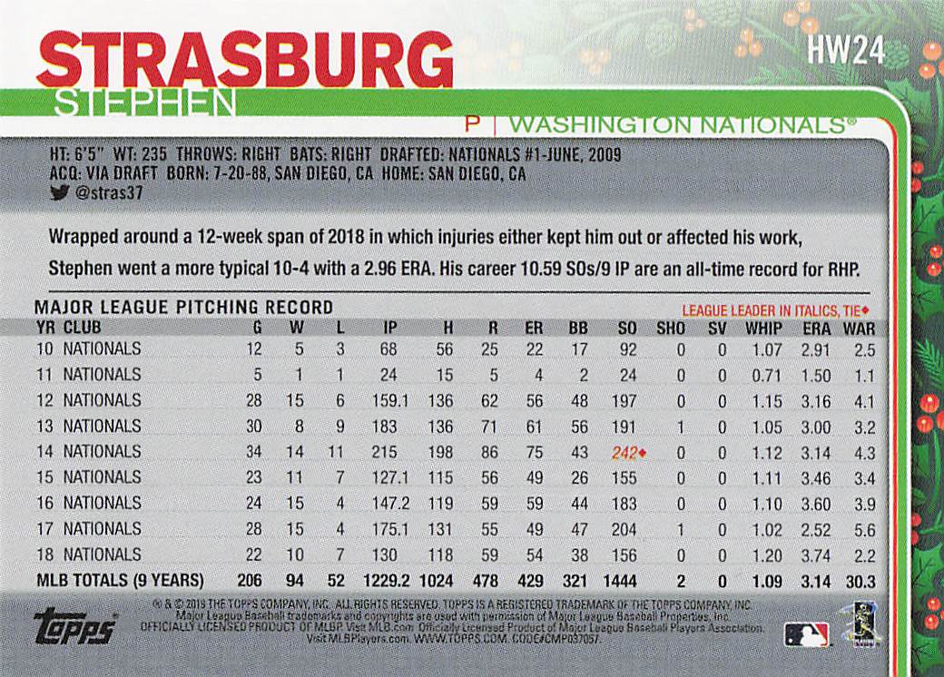 2019 Topps Holiday Baseball Stephen Strasburg #HW24