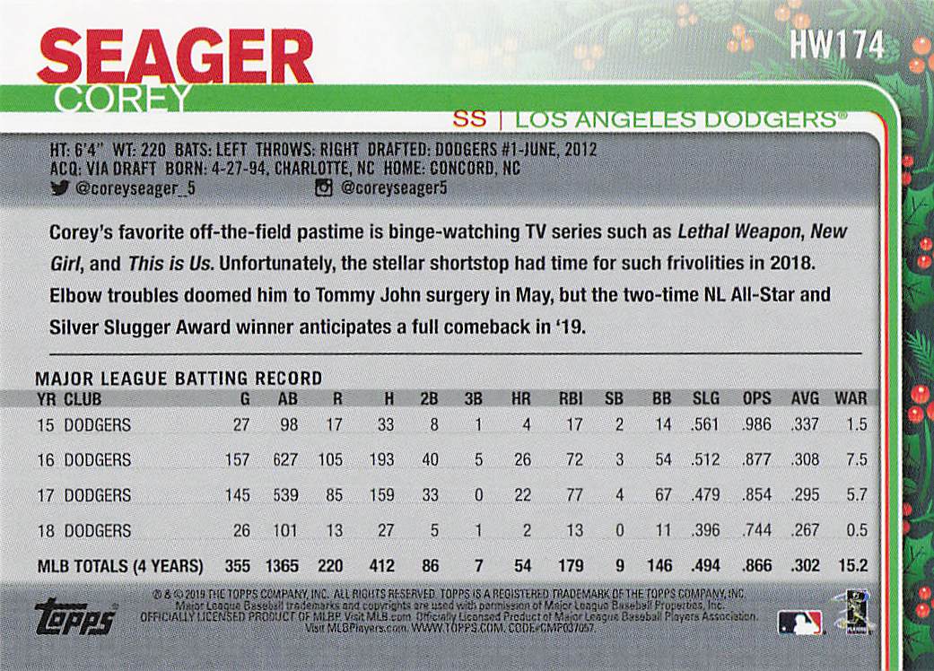 2019 Topps Holiday Baseball Corey Seager #HW174