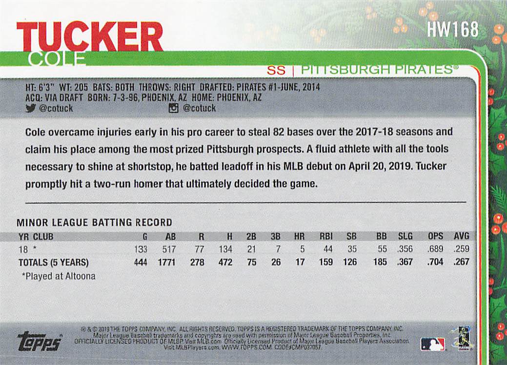2019 Topps Holiday Baseball Cole Tucker #HW168 Rookie