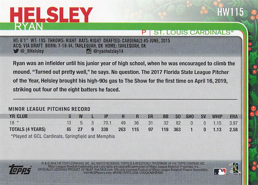 2019 Topps Holiday Baseball Ryan Helsley #HW115 Rookie