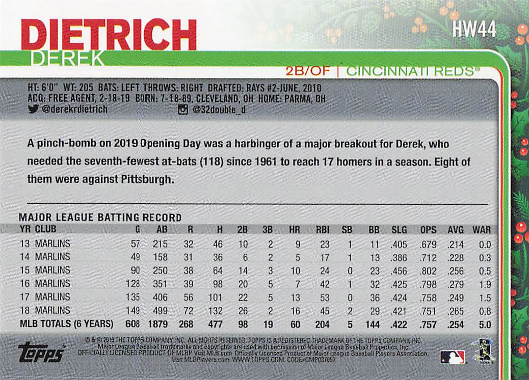 2019 Topps Holiday Baseball Derek Dietrich #HW44