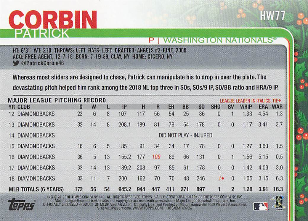 2019 Topps Holiday Baseball Patrick Corbin #HW77
