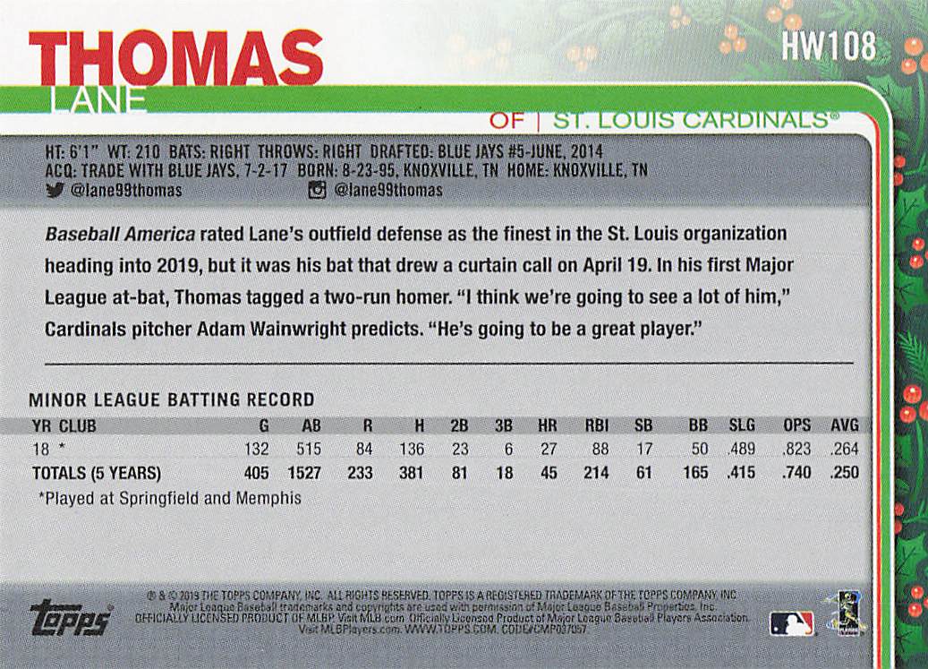 2019 Topps Holiday Baseball Lane Thomas #HW108 Rookie