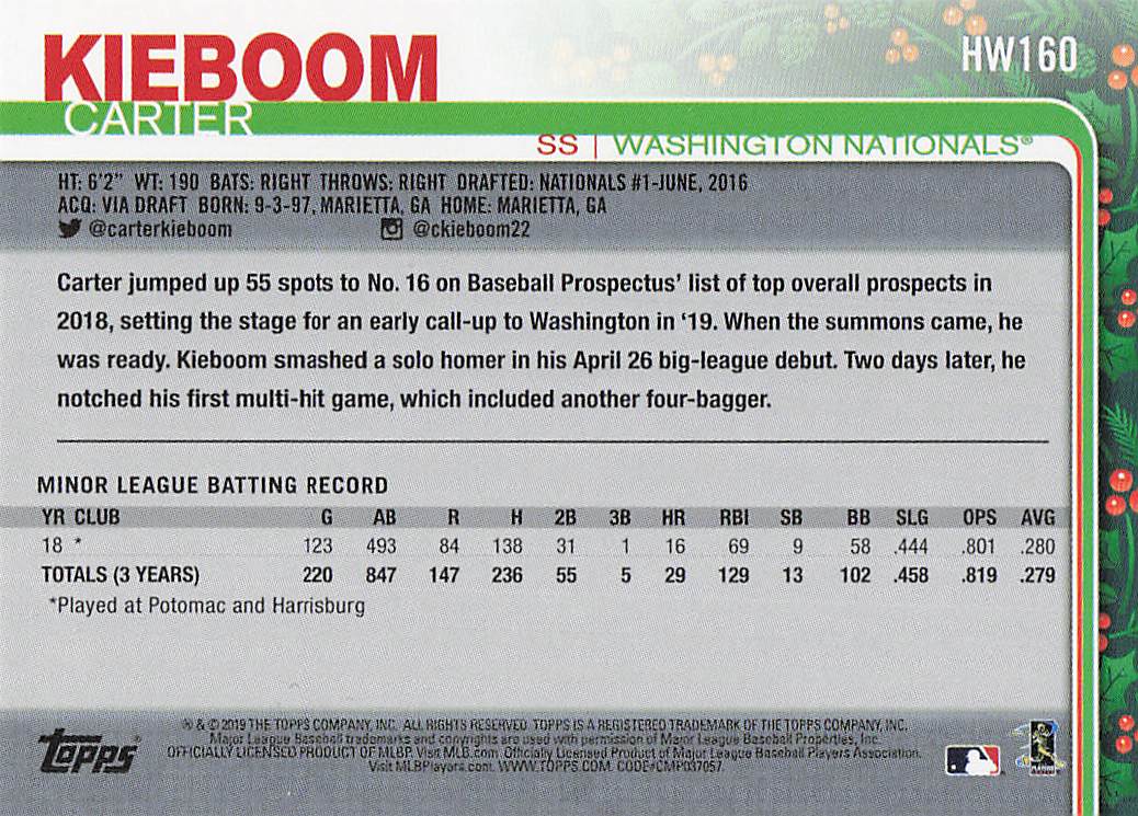 2019 Topps Holiday Baseball Carter Kieboom #HW160b