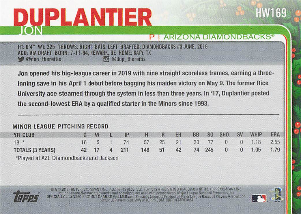 2019 Topps Holiday Baseball Jon Duplantier #HW169 Rookie