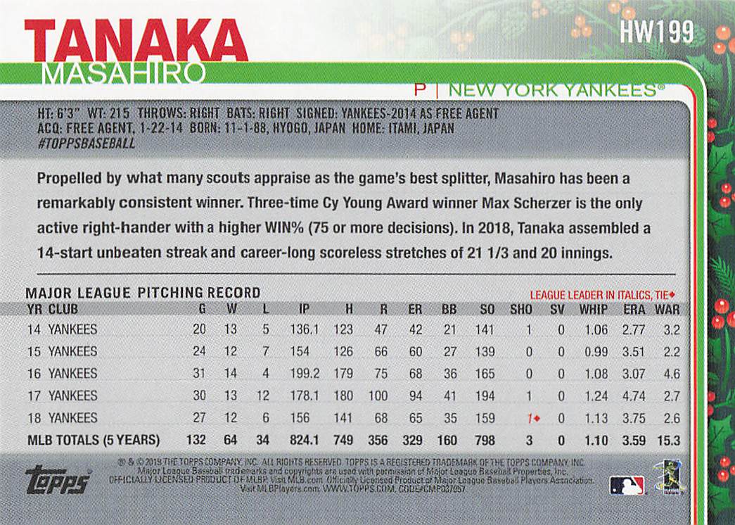 2019 Topps Holiday Baseball Masahiro Tanaka #HW199