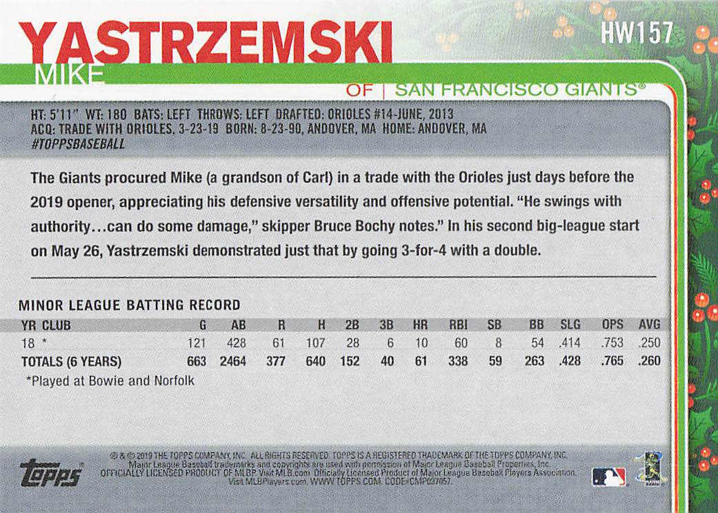 2019 Topps Holiday Baseball Mike Yastrzemski #HW157 Rookie