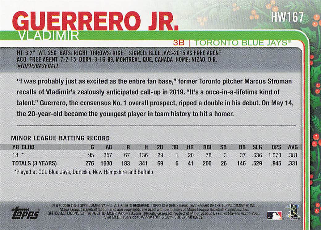 2019 Topps Holiday Baseball Vladimir Guerrero Jr. #HW167 Rookie