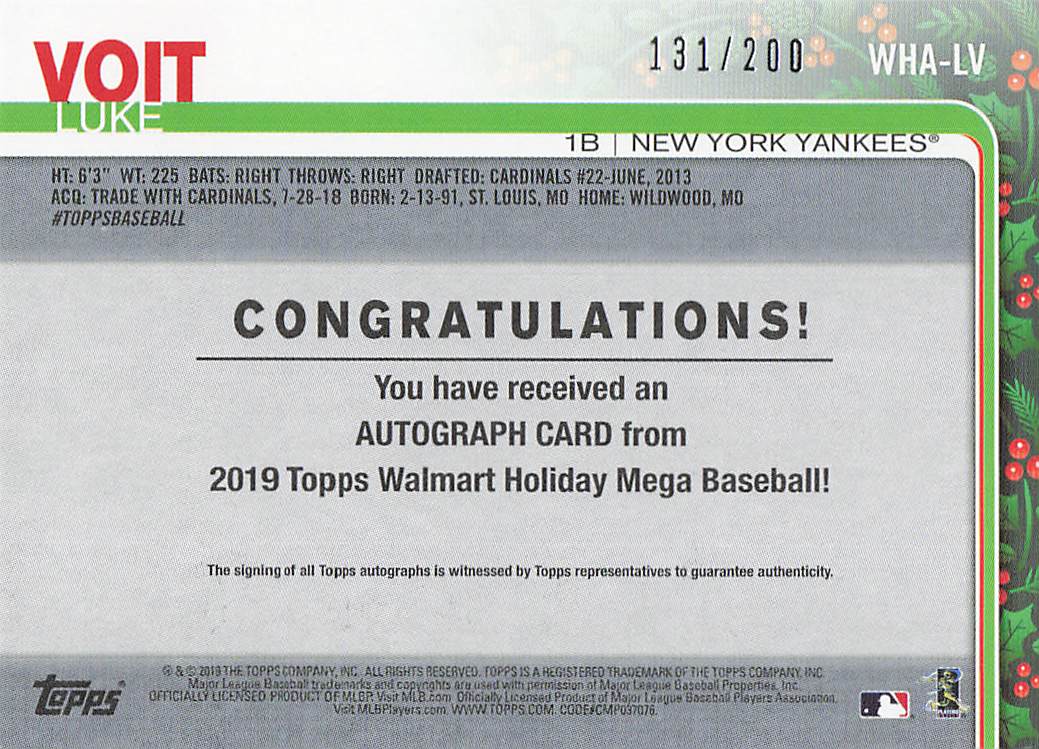 2019 Topps Holiday Baseball Autographs 131/200 Luke Voit #WHA-LV