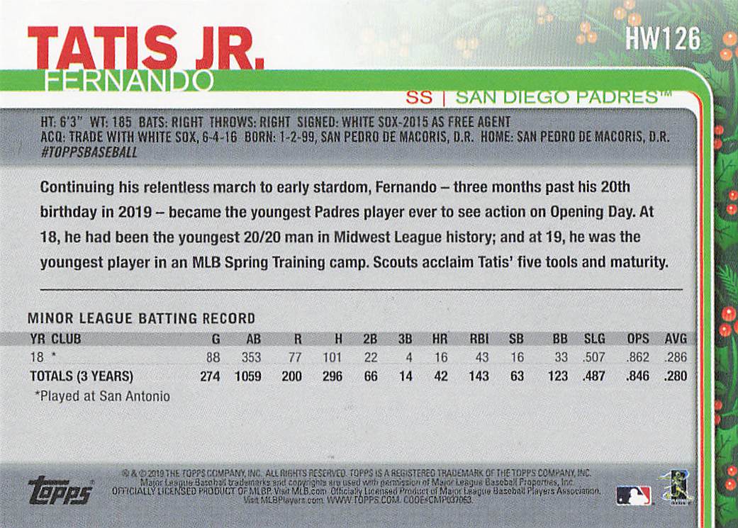 2019 Topps Holiday Baseball Fernando Tatis Jr. #HW126b