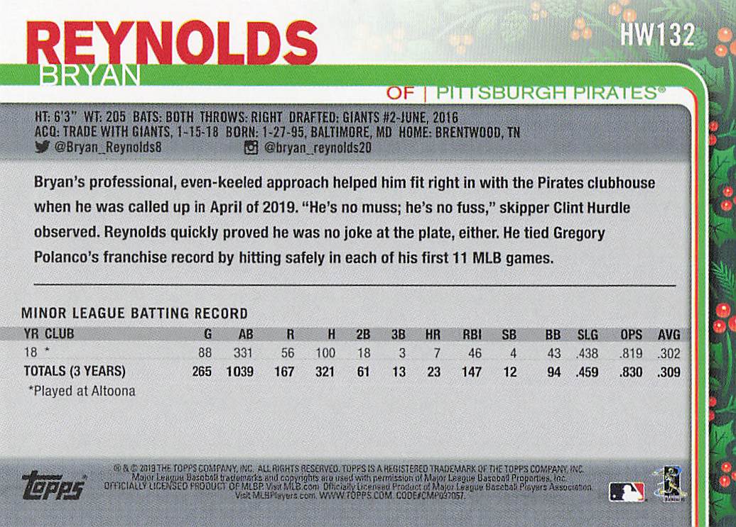 2019 Topps Holiday Baseball Bryan Reynolds #HW132 Rookie
