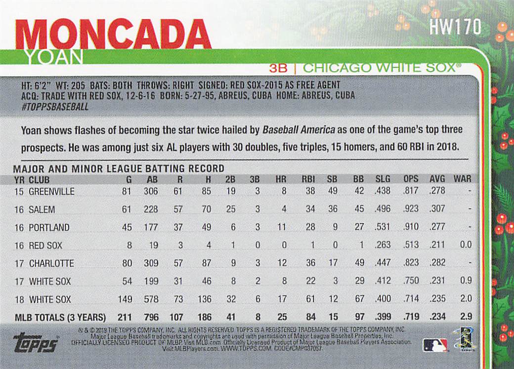2019 Topps Holiday Baseball Yoan Moncada #HW170