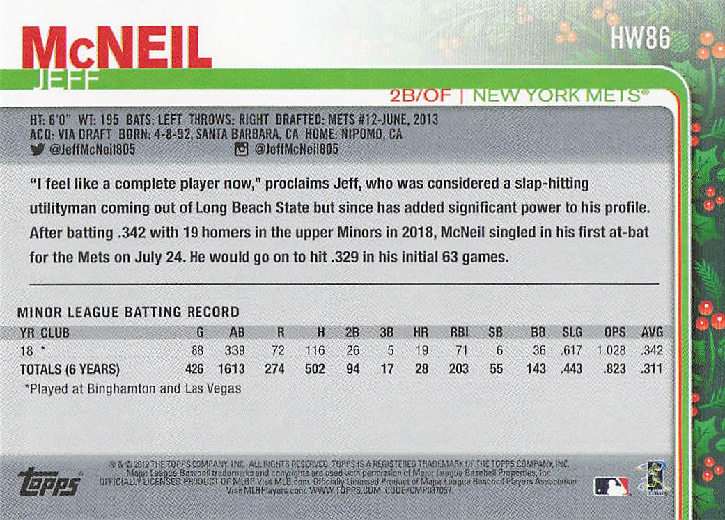2019 Topps Holiday Baseball Jeff McNeil #HW86 Rookie
