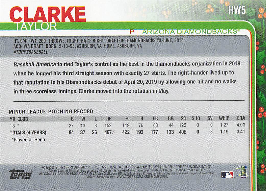 2019 Topps Holiday Baseball Taylor Clarke #HW5 Rookie