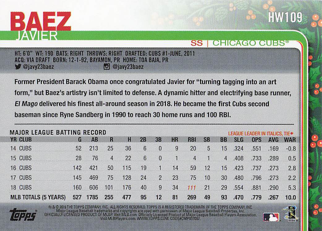 2019 Topps Holiday Baseball Javier Baez #HW109