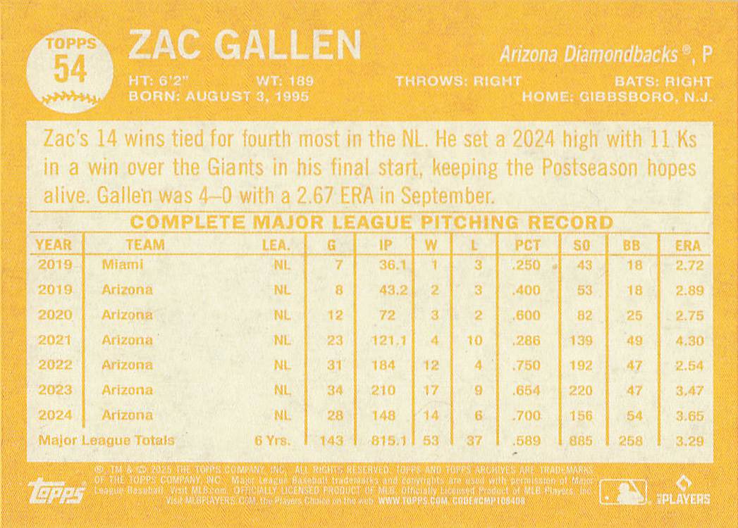2025 Topps Archives Baseball Zac Gallen #54