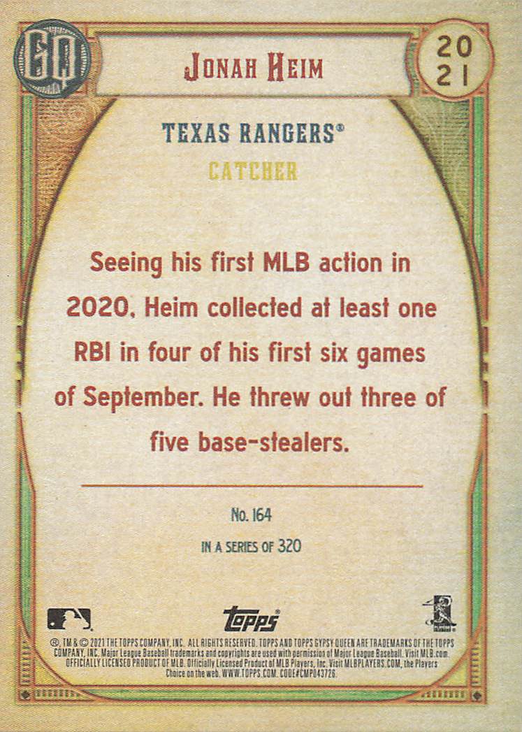 2021 Topps Gypsy Queen Baseball Jonah Heim #164 Rookie