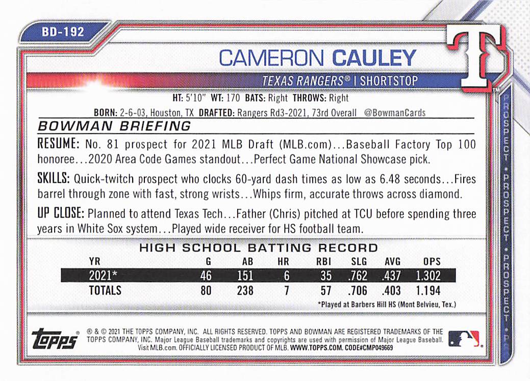 2021 Bowman Draft Baseball Cameron Cauley #BD-192