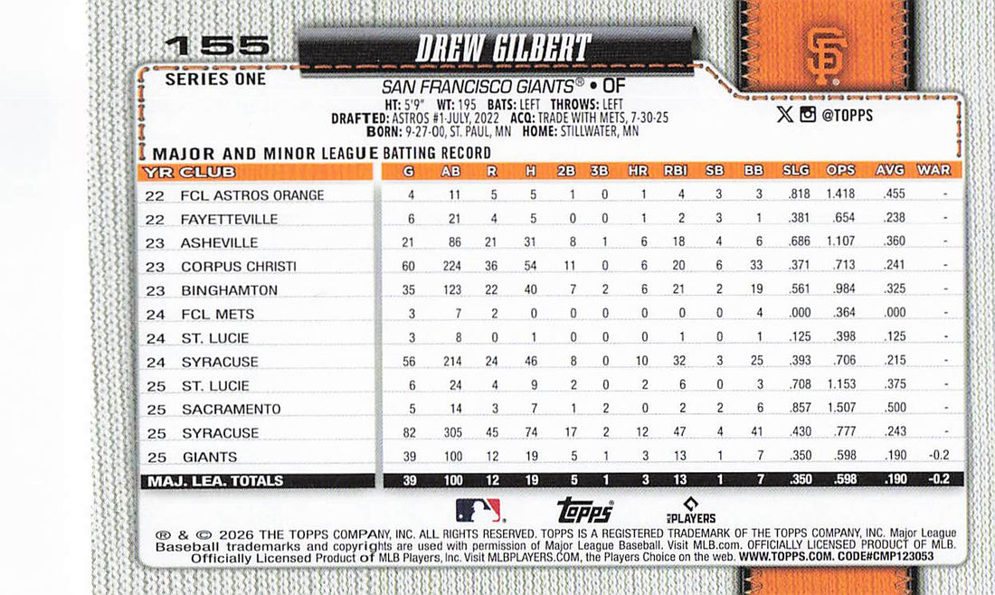 2026 Topps Baseball Drew Gilbert #155 Rookie