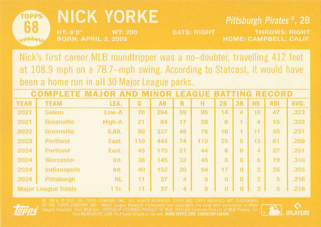 2025 Topps Archives Baseball Black Foilboard Nick Yorke #68 Rookie
