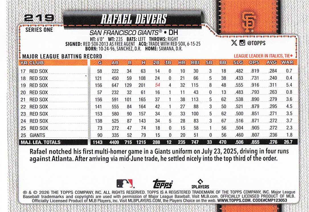 2026 Topps Baseball Gold Rafael Devers #219