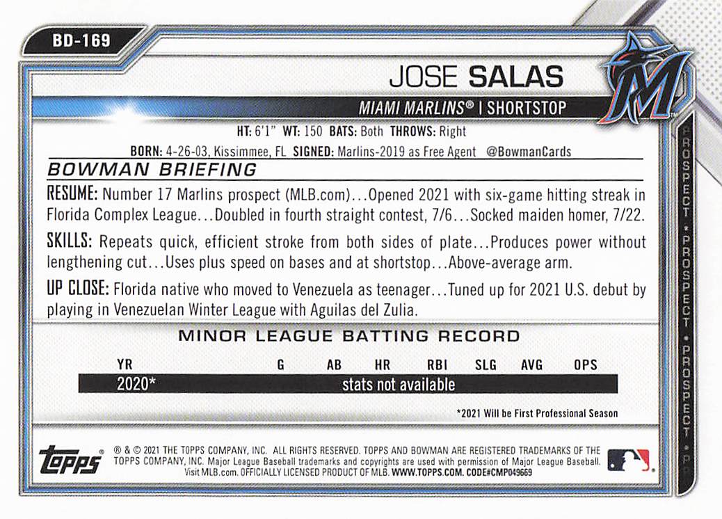 2021 Bowman Draft Baseball Jose Salas #BD-169