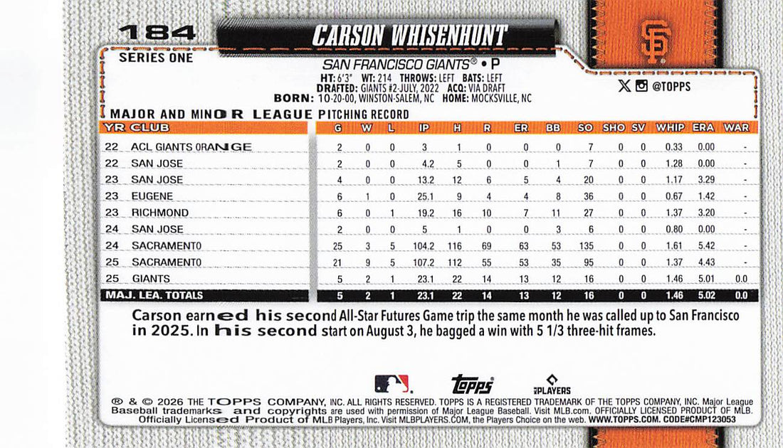 2026 Topps Baseball Carson Whisenhunt #184 Rookie